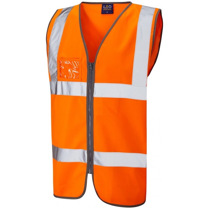 Leo Workwear W02-O Rumsam Hi Vis Vest Zipped and ID Pocket Orange ISO 20471 Class 2